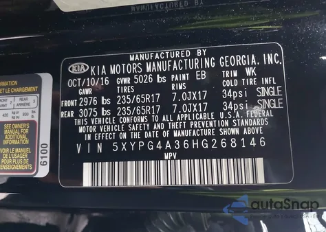 2017 Kia Sorento 2.4L L from USA, damaged, VIN 5XYPG4A36HG268146